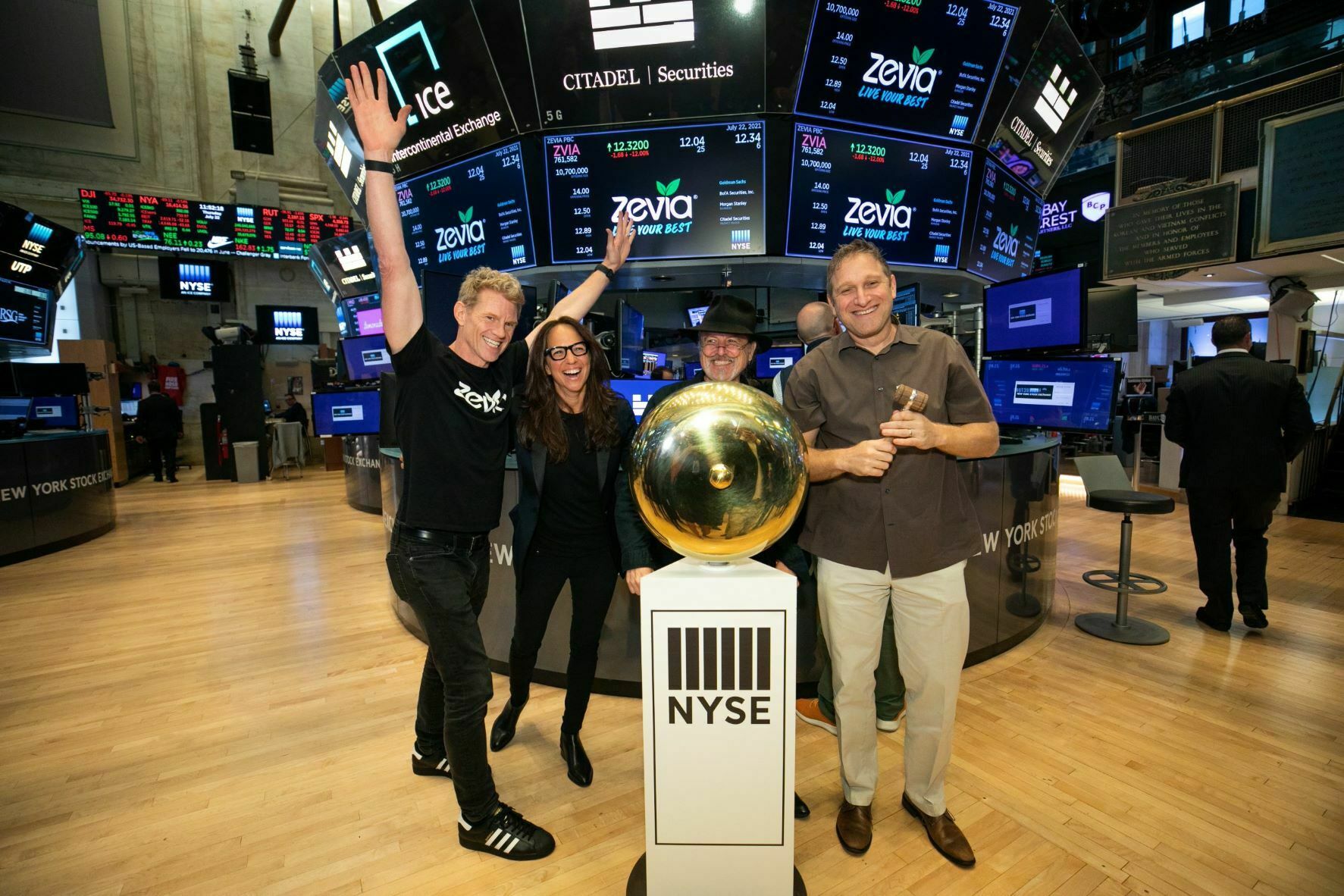 The Zevia Braintrust at the New York Stock Exchange: (L to R) Paddy Spence, CEO; Amy Taylor, President; Robert Gay, Chief Strategy Officer ; Hank Margolis, Chief Operating Officer