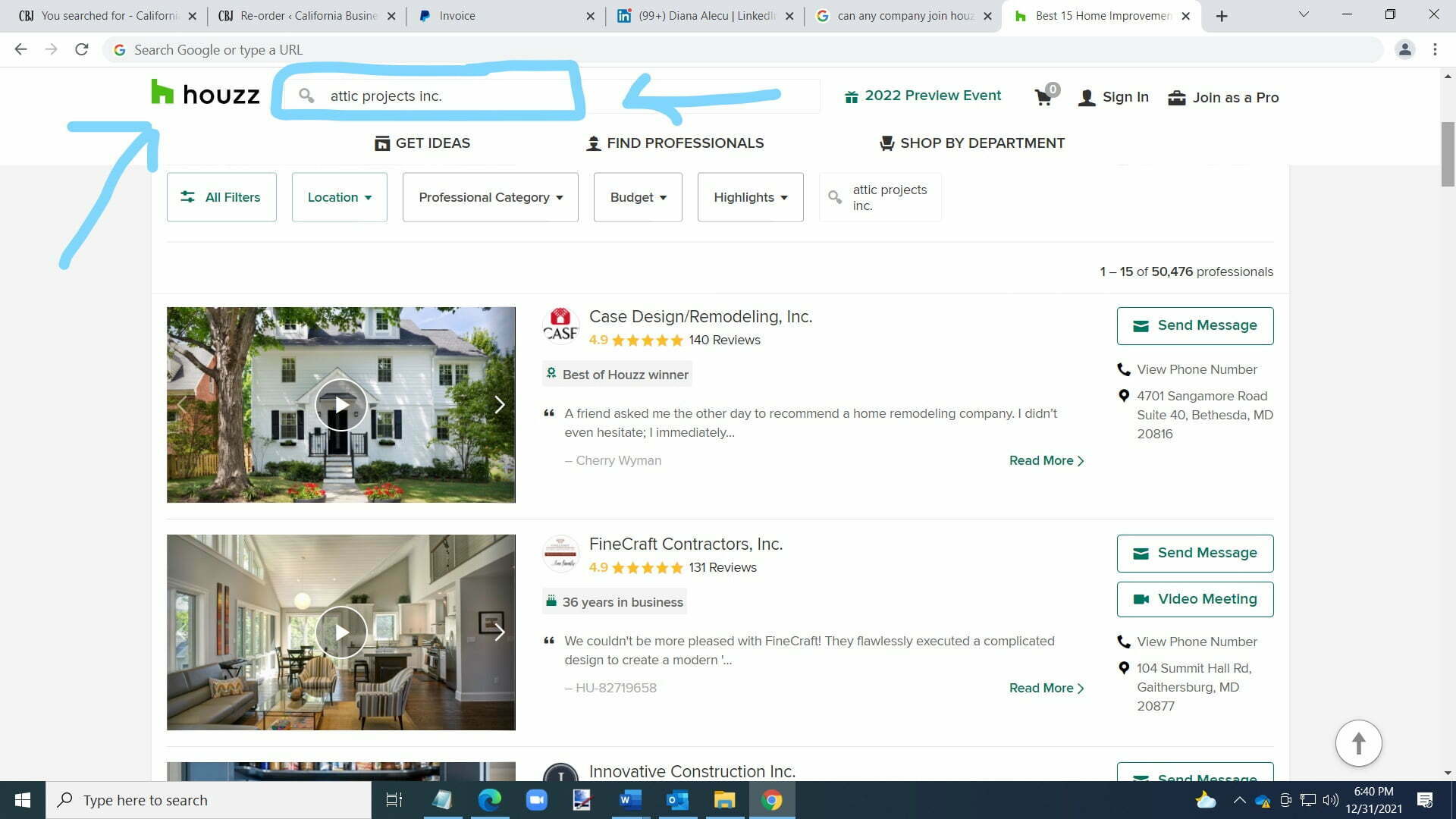 Attic Projects is NOT listed on Houzz's website, as Attic Projects claims it is in its advertising literature, which is a Federal misdemeanor. As the screen shot demonstrates, when you search for Attic Projects in the search bar, its profile does not appear. When other companies are searched, their Houzz profiles appear instantly at the top of the list. 