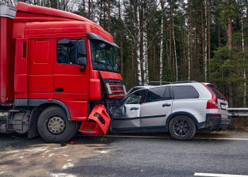 January 24, 2020, Sauriesi, Latvia: car after a collision with a heavy truck, transportation background