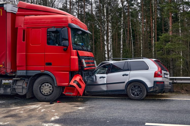 January 24, 2020, Sauriesi, Latvia: car after a collision with a heavy truck, transportation background