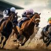 ai generated a thrilling shot of jockeys and their horses thundering past the finish line at a racetrack free photo