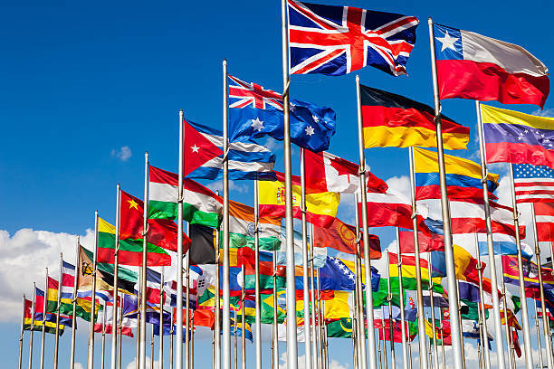 Group of flags of many different nations against blue sky and infront of a convention center.