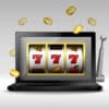 Online gambling concept with laptop and slot machine handle and coins vector illustration