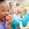 Portrait Of Girl With Friends Eating Healthy Picnic At Outdoor Table In Countryside