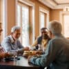 Group of senior people enjoying in conversation during lunch at dining table at nursing home.