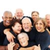 Elderly people standing together on white background