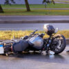 October 13, 2020, Riga, Latvia, damaged motorbike on the city road at the scene of an accident