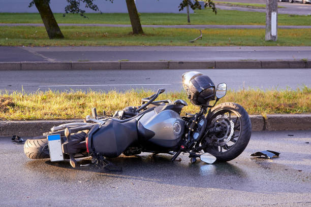 October 13, 2020, Riga, Latvia, damaged motorbike on the city road at the scene of an accident