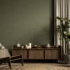 Green interior with dresser, lounge chair, plants and decor. 3d render illustration mockup.